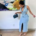 thumbnail image 2 of Stylish Cutout Denim Dress with Front Slit (L, Grey), 2 of 6