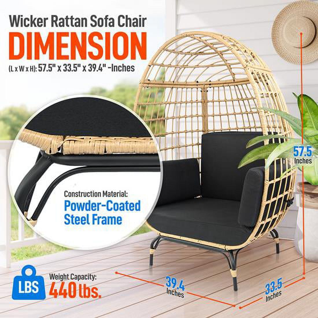 SereneLife Indoor Outdoor Black Wicker Rattan Egg Chair for Patio Backyard With 4 Cushions