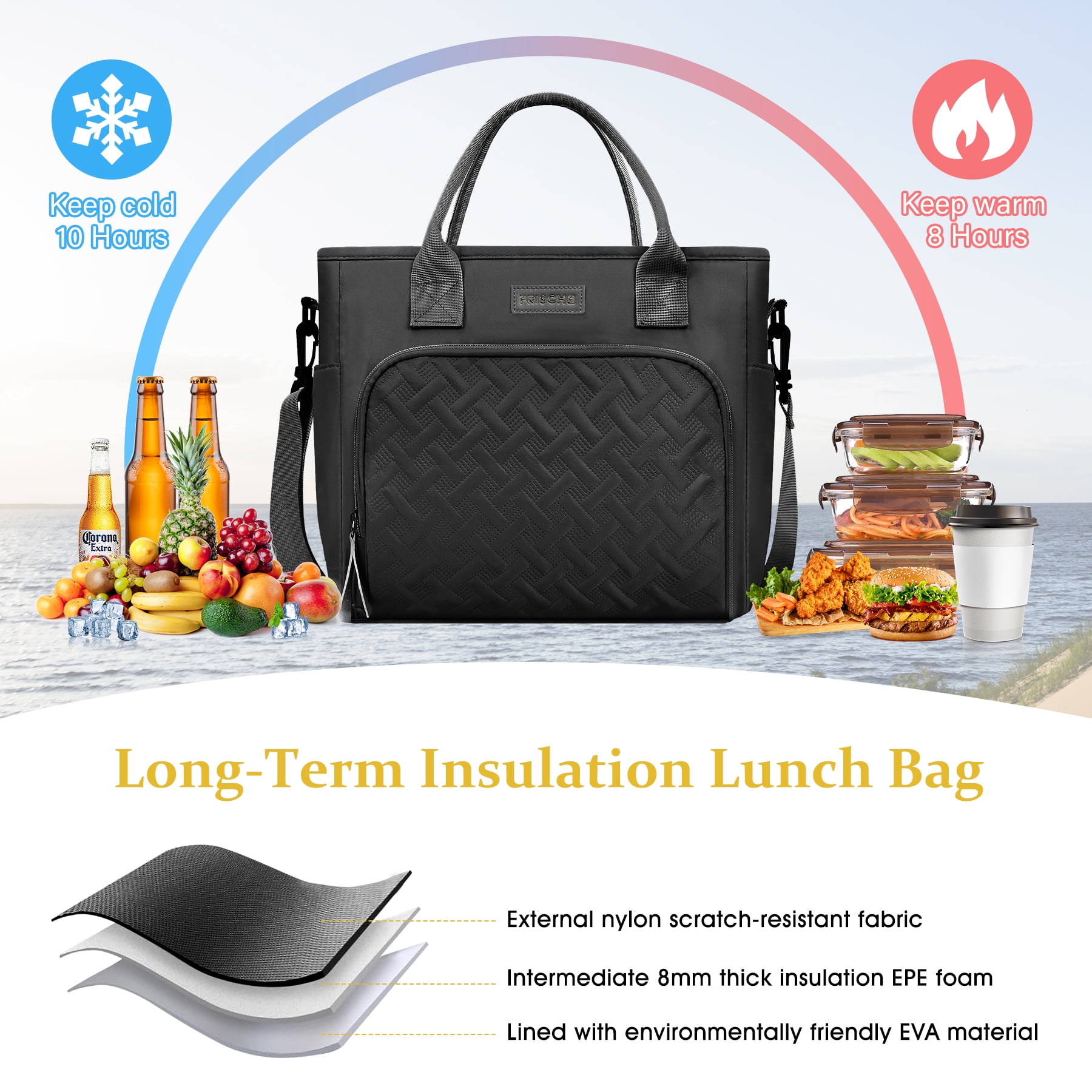 CshidWorld Insulated Lunch Bag for Men & Women - 18L Large Capacity Lunch Box for Work,Office ,Picnic, Hiking, Beach, Thermal Cooler Tote w/ Adjustable Strap, Pockets, Classic Plaid Design, Black