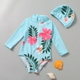 thumbnail image 2 of Girls Swimsuit Size 10 Summer Girls Long Sleeve Floral Leaf Print Girls Kids Swimwear With Hat 2pcs UPF+ 50 Beach Bathing Suit,3-4 Years, 2 of 5