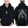 thumbnail image 2 of Virgin Mary Hoodie – Double Sided Religious Pullover with Cross Pattern, Trendy Catholic Faith Based Hoodie, Unisex Spiritual Streetwear, 2 of 7