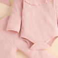 thumbnail image 4 of masbird Newborn Baby Girl Clothes Solid Color Rib Frill Long Sleeve Romper Flared Pants Headband Set 3pcs Fall Winter Outfits 0 3 6 12 18 24 Months(Pink,9-12 M), 4 of 4