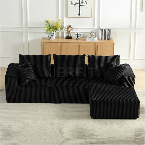 JERFIT Modern 4-Seater Corduroy Sectional Sofa Couch for Living Room, Plush Deep Seat Upholstered Furniture, No Assembly Required, Black