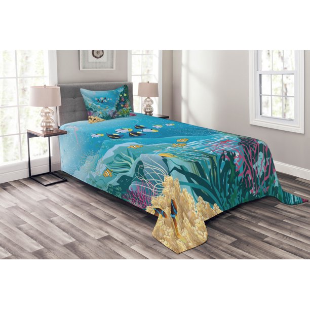 Fish Bedspread Set Twin Size, Underwater Landscape with Tropical Fish
