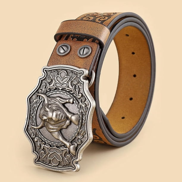 Western Oak Floral Engraved Genuine Leather Men's Belt With Cowboy Up Buckle - 50 Inch, Handmade In USA, 1.5 Inch Wide