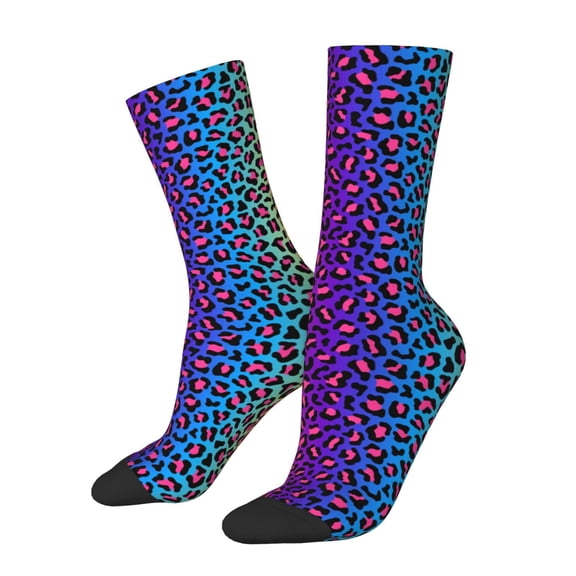 Xecao Leopard Neon Rainbow Gradient Pattern Sport Socks for Women and Men Crew Socks Sporty Calf Socks Casual Socks