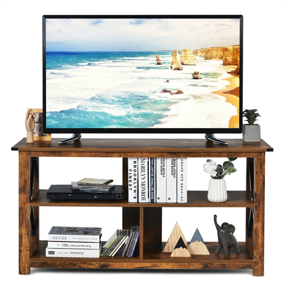 Finihen TV Stand, TV Cabinet, 3 Tier Wood TV Stand for 55-Inch with Open Shelves and X-Shaped Frame, Media Entertainment Center with Storage, for Living Room, Bedroom, Brown