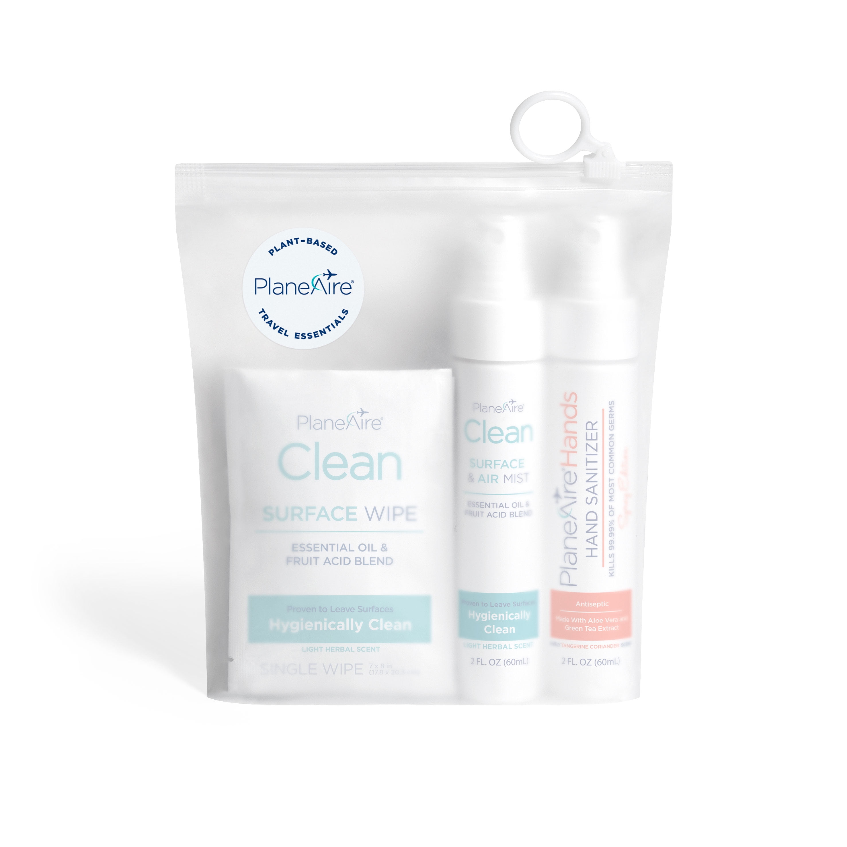 Travel Essentials Zip Top Bag: PlaneAire Hand Sanitizer Spray, Tangerine Coriander 2 fl oz, PlaneAire Clean Surface & Air Mist 2 fl oz + 6 PlaneAire Clean Surface Wipes