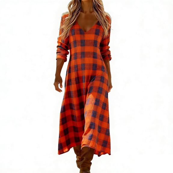 Tnhcen Women's Bohemian V Neck Long Sleeve Plaid Print Maxi Dress Nylon Spandex Matte Finish Casual Dress Plus Size S-2XL Loose Flowy Daily Outfit Beach Party Wear