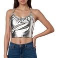 thumbnail image 2 of Shiny Metallic Crop Camisole Tops for Women Halter Neck Low Back Sparkly Pu Leather Cami Tank Tops Disco Party Clubwear, 2 of 6