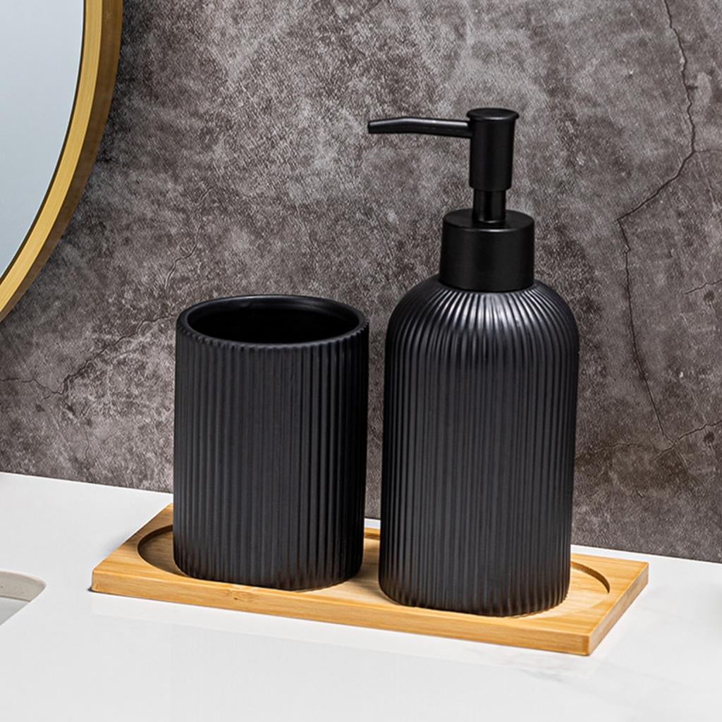YIEMEEN Set of 3 Ceramic Soap Dispenser Set with Wood Storage Tray and Toothbrush Cup
