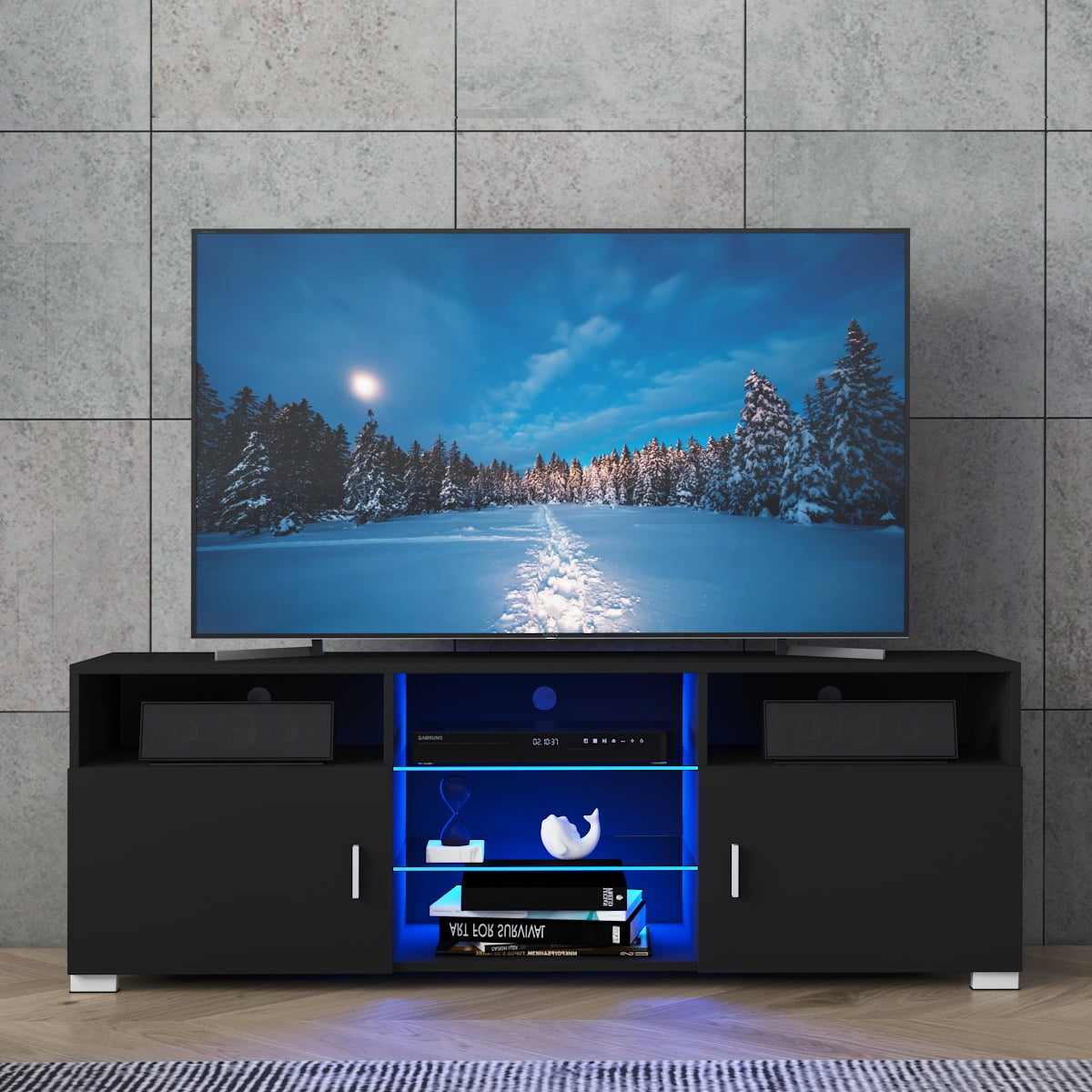 57" LED TV Stand Cabinet, High Glass Modern Entertainment Center for Living Room Bedroom (for TVs Up to 65")