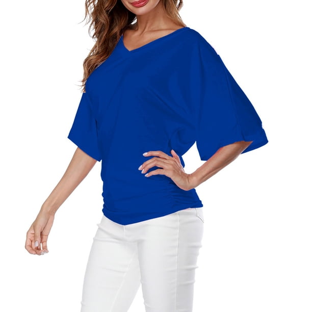 MKLEKYY Camiseta Mujer Camiseta Holgada Con Cuello En V Y Mangas Murciélago Para Mujer, Talla Grande, Dobladillo Doblado, Lisa, Talla Grande Talla XXXXL