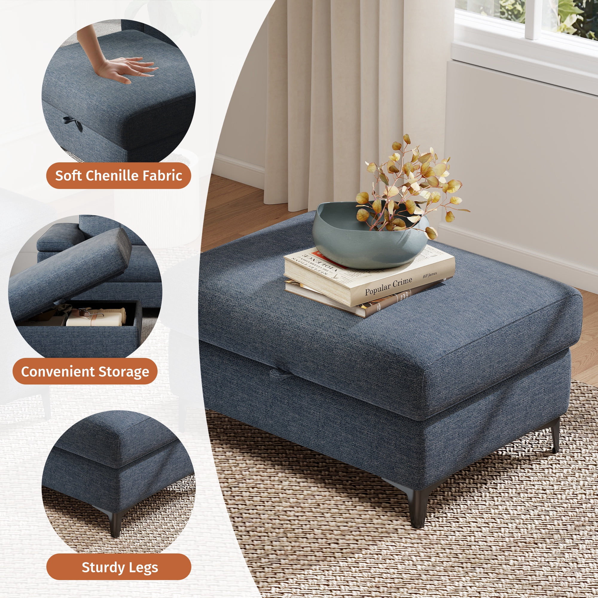 Modular Storage Ottoman for Sectional Sofa Chenille Upholstered Footrest Stool for Living Room Blue