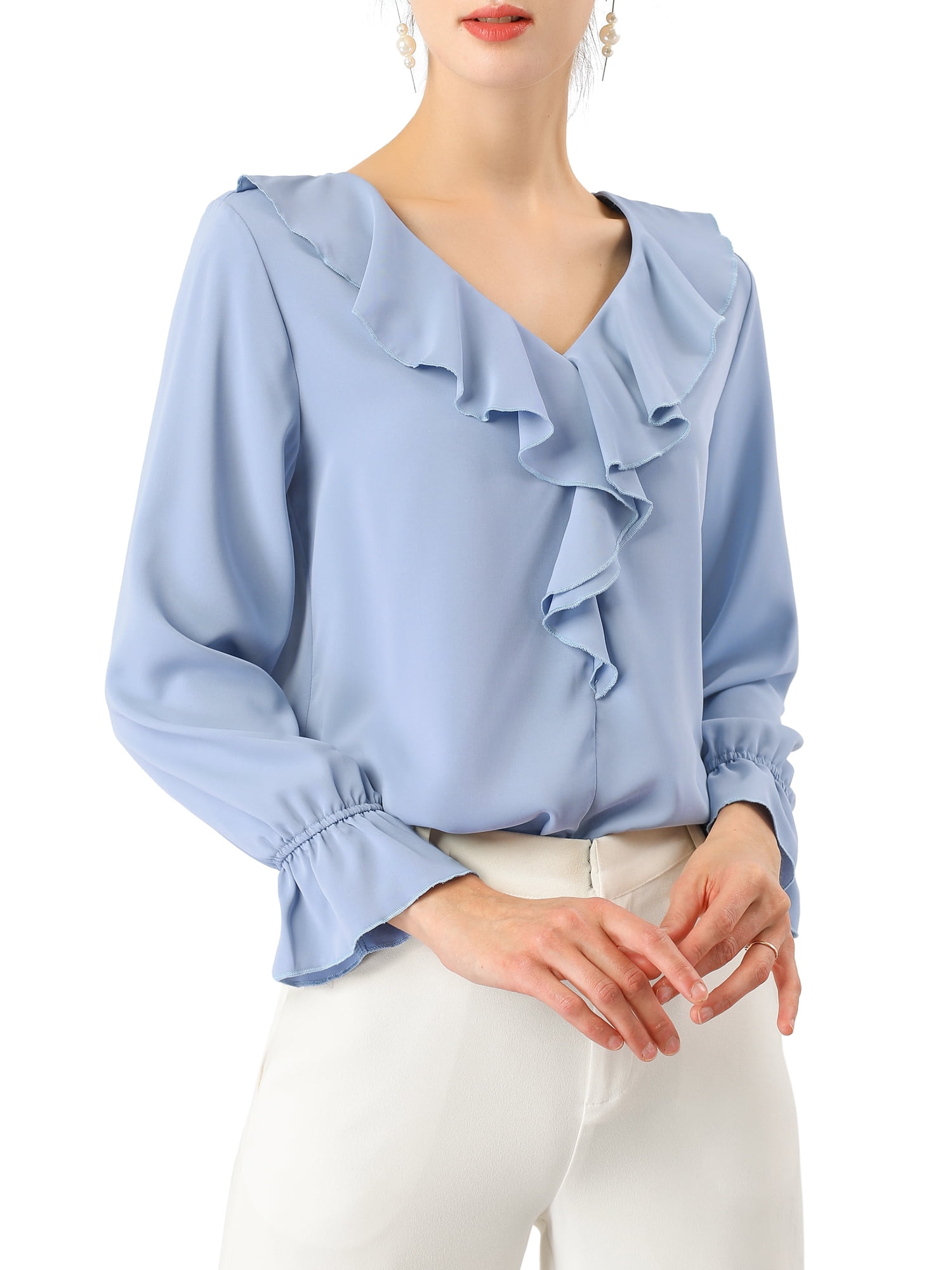Unique Bargains Women's Ruffle V Neck Chiffon Work Office Peasant Blouse S Baby Blue