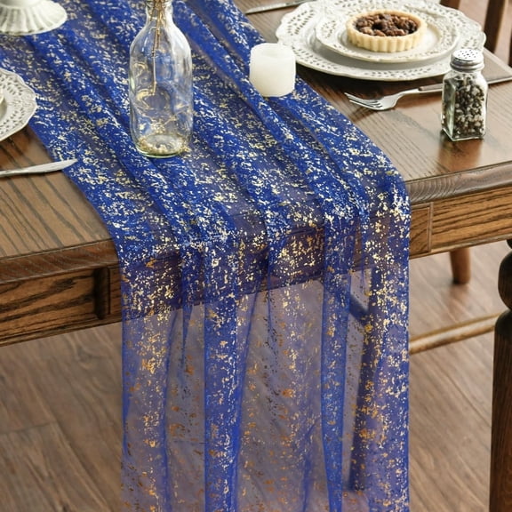 3PCS Blue Gold Gauze Table Runner 120 Inch 10FT, Glitter Metallic Foil Sheer Dining Wedding Anniversary Holiday Table Decor for Home Party