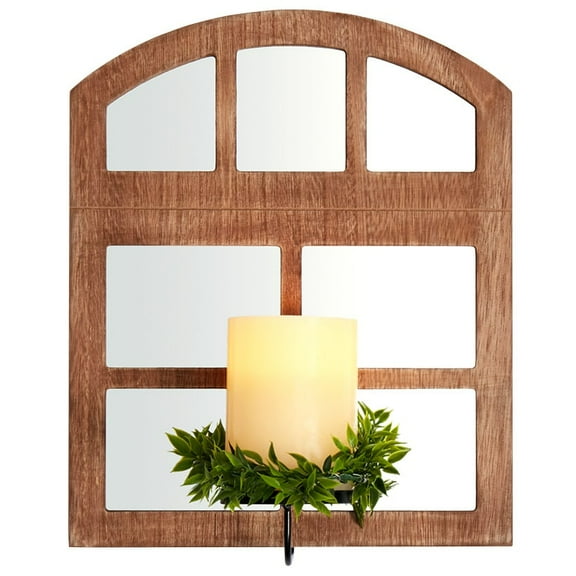 Classic Windowpane Mirror Wall Sconce with LED Candle - Arch Natural