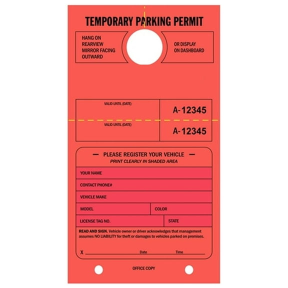 Temporary Parking Permit-Mirror Tags, Numbers, Stub, 7-3/4" x 4-1/4", Red- PK/50
