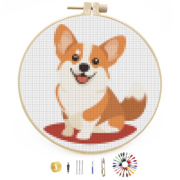 Cute Corgi Dog Stamped Cross Stitch Kits for Beginners with Hoop Simple Patterns 11CT Counted Embroidery Needlepoint Crafts Arts for DIY Enthusiasts and Home Decor 26x26cm(9)