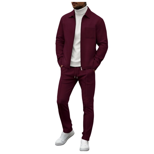 Ketyyh-chn99 Mens Tracksuits 2 Piece Men's Solid Color Zip Front Cardigan Jacket Trousers Set Size for M,Wine