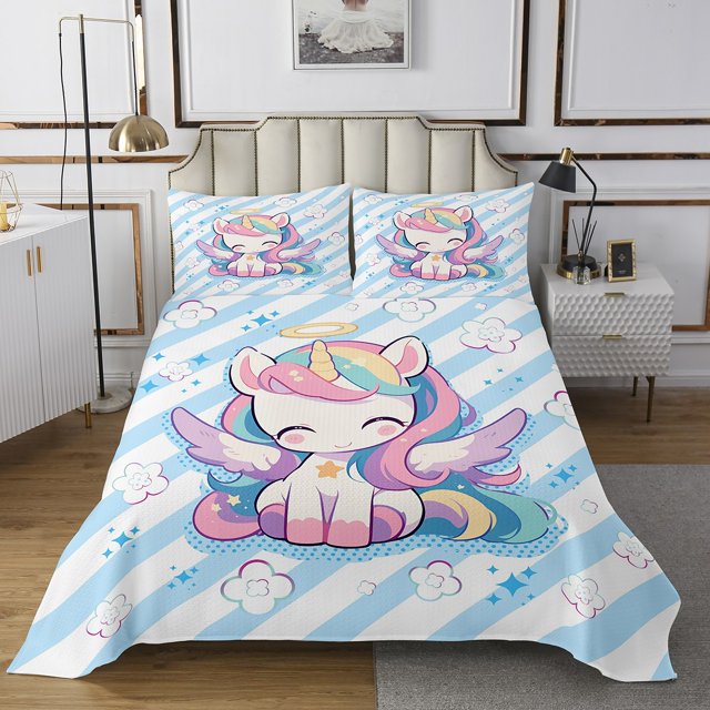 Erosebridal Ensemble de Couvre-Lit Licorne Colorée Simple, Ensemble de Literie Fleurie de Rêve, Décor à Rayures Bleues 2 Pcs