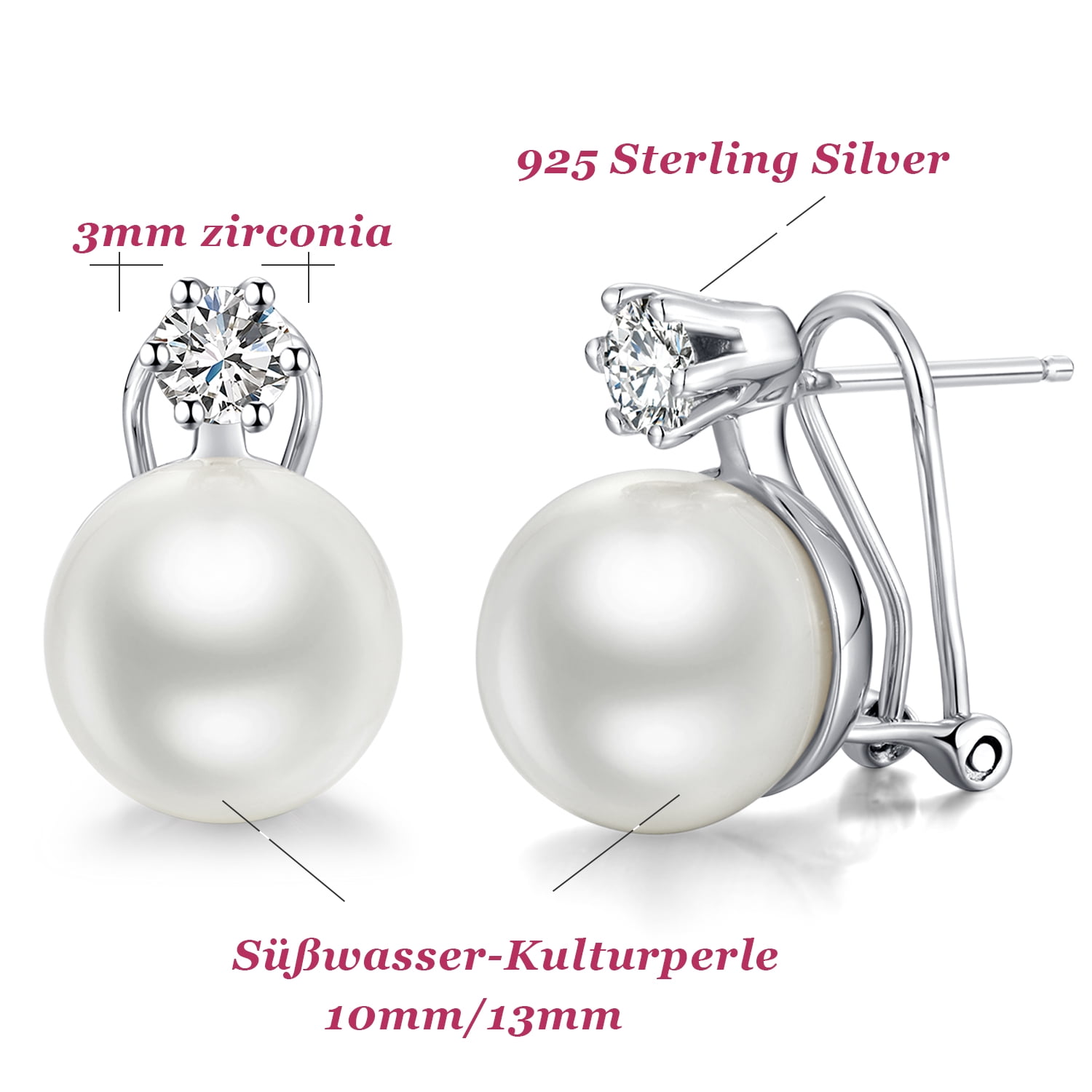 Pearl Earrings 10mm-13mm Culture Pearl Drop Earrings Pearl and Diamond Earrings Big Pearl Stud Earrings for Women Sterling Silver Pearl Earrings