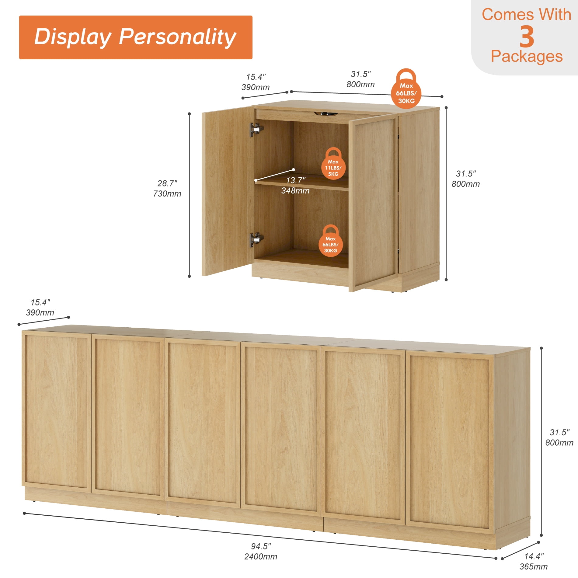 WAMPAT Modern TV Stand for TVs Up to 100", 3-in-1 Entertainment Center TV Console with 6 Doors and Adjustable Shelf, Wooden Media Console Cabinet for Living Room, Bedroom, Oak