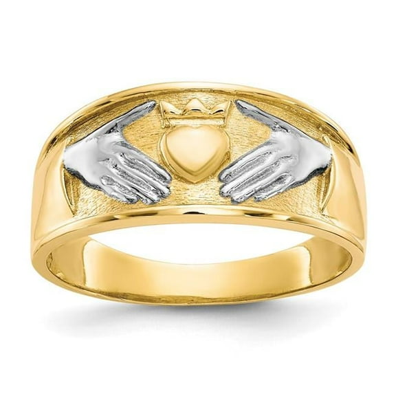 Primal Gold 10 Karat Yellow Gold and White Rhodium-plated Men's Claddagh Ring