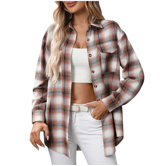Womens Plaid Shirt Jacket Long Sleeve Button Down Gingham Cardigan Coat Lightweight Fall Collared Shirts Tops White, M