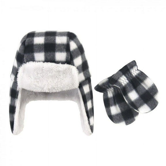 Hudson Baby Infant and Toddler Fleece Trapper Hat and Mitten 2pc Set, Black White Plaid, 18-24 Months