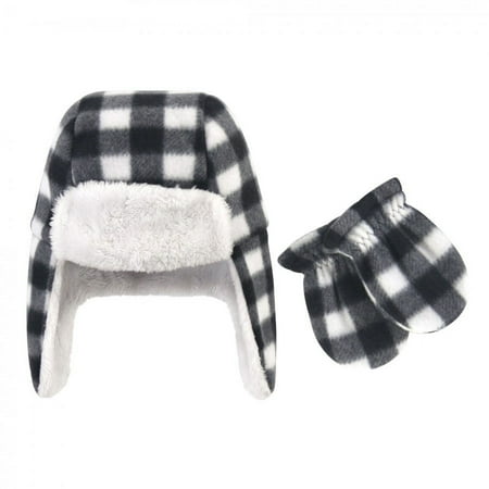 UPC: 0660168548877 | Hudson Baby Infant and Toddler Fleece Trapper Hat and Mitten 2pc Set  Black White Plaid  6-12 Months