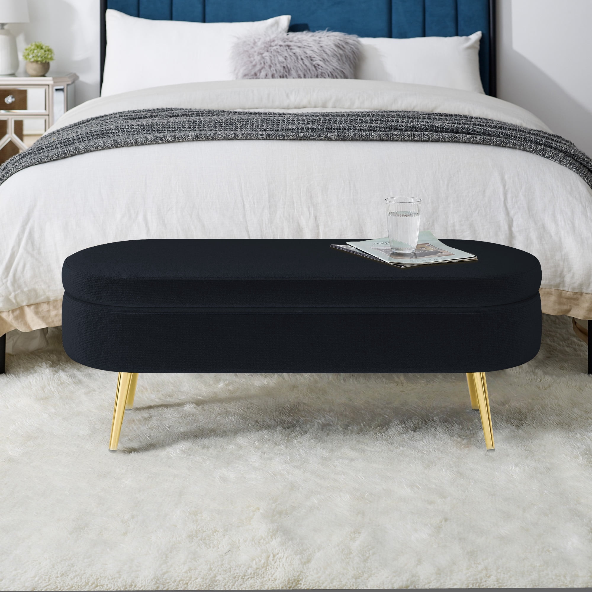 Oval Flannel Storage Ottoman Bench, Upholstered Footstool with Metal Legs, 43.5"x16"x16", 250lbs Capacity for Home Decor