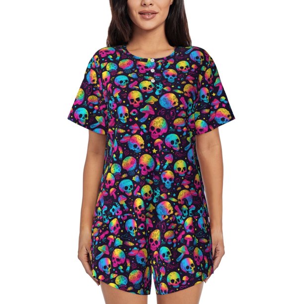 Fotbe Skull rainbow color mushroom Conjunto de Pijama Estampado para Mujer, 2 Piezas, Ropa de Dormir con Camiseta de Manga Corta y Shorts Suaves-X-Large