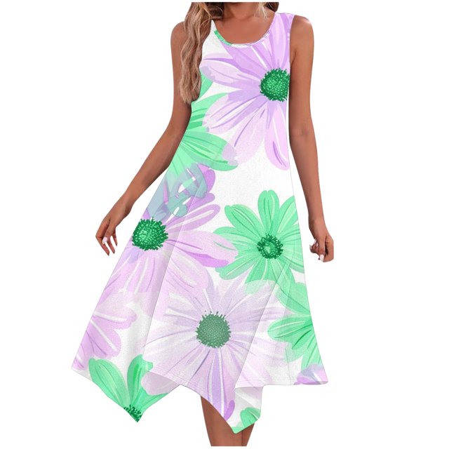 Ladies Summer Tops Impreso sin Mangas Cuello Redondo Vestido Casual para Uso Diario Y Casual