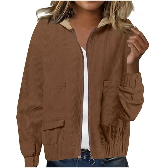 FNFHFY Women's Corduroy Jackets Casual Loose Fit Long Sleeve Zip Up Jacket Cropped Trench Coat with Hood Fall Utility Outerwear with Pockets