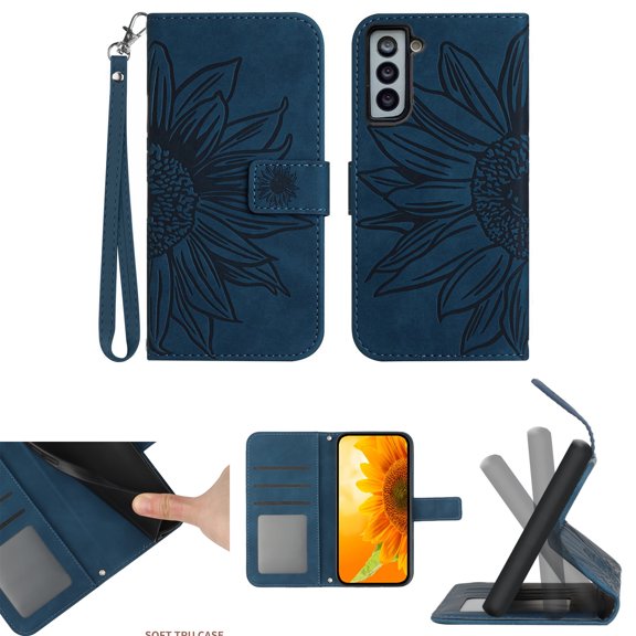 Case For Samsung S21, Embossed Patterned Premium Synthetic Leather Magnetic Buckle Wallet Card Slot Kickstand Wrist Strap Phone Cover For Samsung Galaxy S21, Inkblue