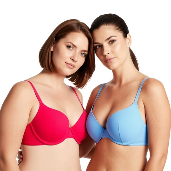 Curve Muse Women's Light Lift Underwire Convertible Add 1 Cup Push Up Tshirt Bra-2PK-Blue,Coral-32B