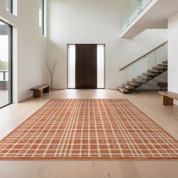 Design&I 8'x10' Washable Area Rug Snag-Free Checkered Dot Grid Neutral Plaid Beige Terracotta Boho Geometric for Dining Room, Large Office, Lounge