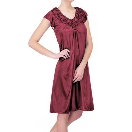 

EZI Womens Satin Silk Roses Short Sleeve Knee Length Nightgown