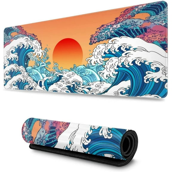 Vintage Japanese Ocean Wave Sunrise Gaming Mouse Pad XL, Extended Large Mouse Mat Desk Pad, Stitched Edges Mousepad, Long Mice Pad, 31.5 X 11.8 Inch