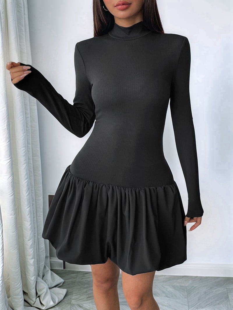 Women Long Sleeve Bubble Mini Dress Bodycon Mock Neck Casual Cocktail Club Party Dresses Black XL