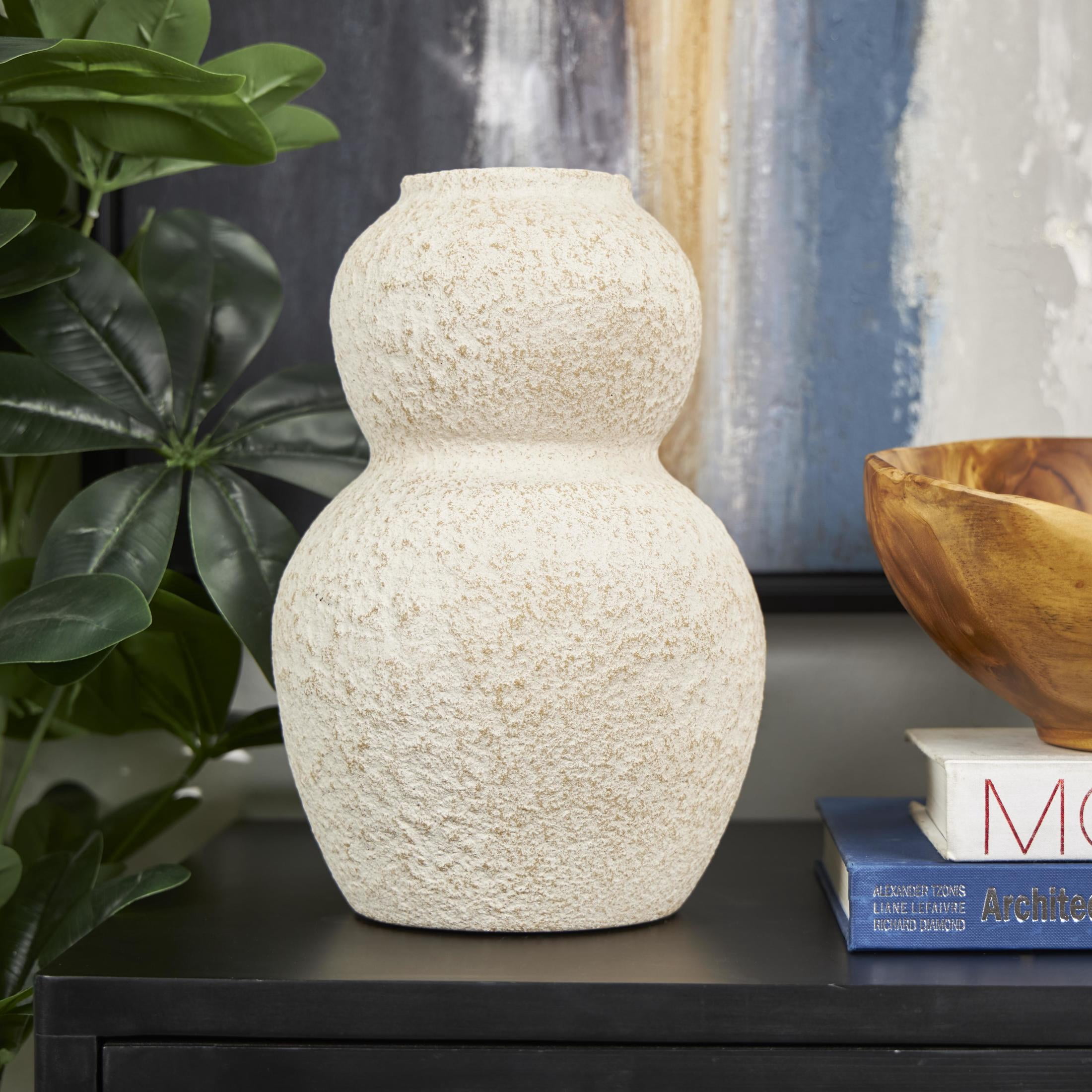 DecMode 12" Hourglass Textured Cream Ceramic Vase with Brown Distressing