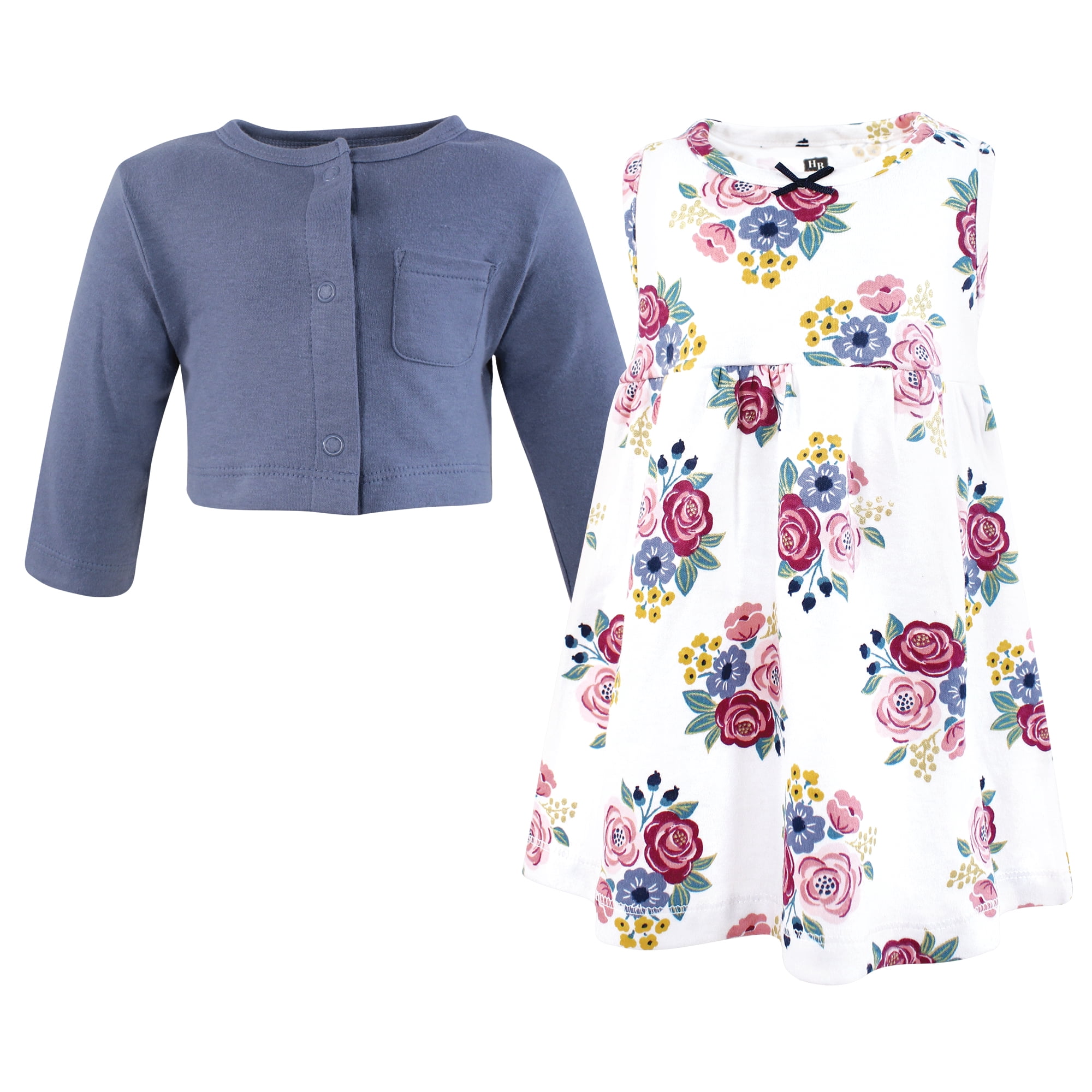 Hudson Baby Infant and Toddler Girls Cotton Dress and Cardigan Set, Blush Navy Floral, 3T