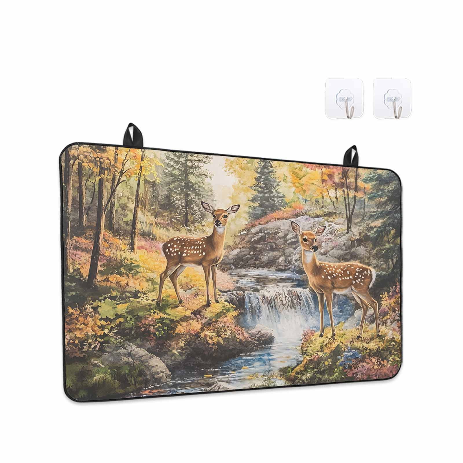 Autumn Forest Deer Stove Top Cover for Electric Stove, Heat-proof & Non Slip Glass Top Stove Cover Protector, Elk River Mountain Kitchen Flat Cooktop Rubber Mat 24x21 Inches