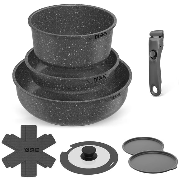 YASHE 9 Pcs Nonstick Cookware Sets, Pots and Pans with Detachable Handles, Oven Safe, Induction Cookware, Stackable Kitchen Cooking Set