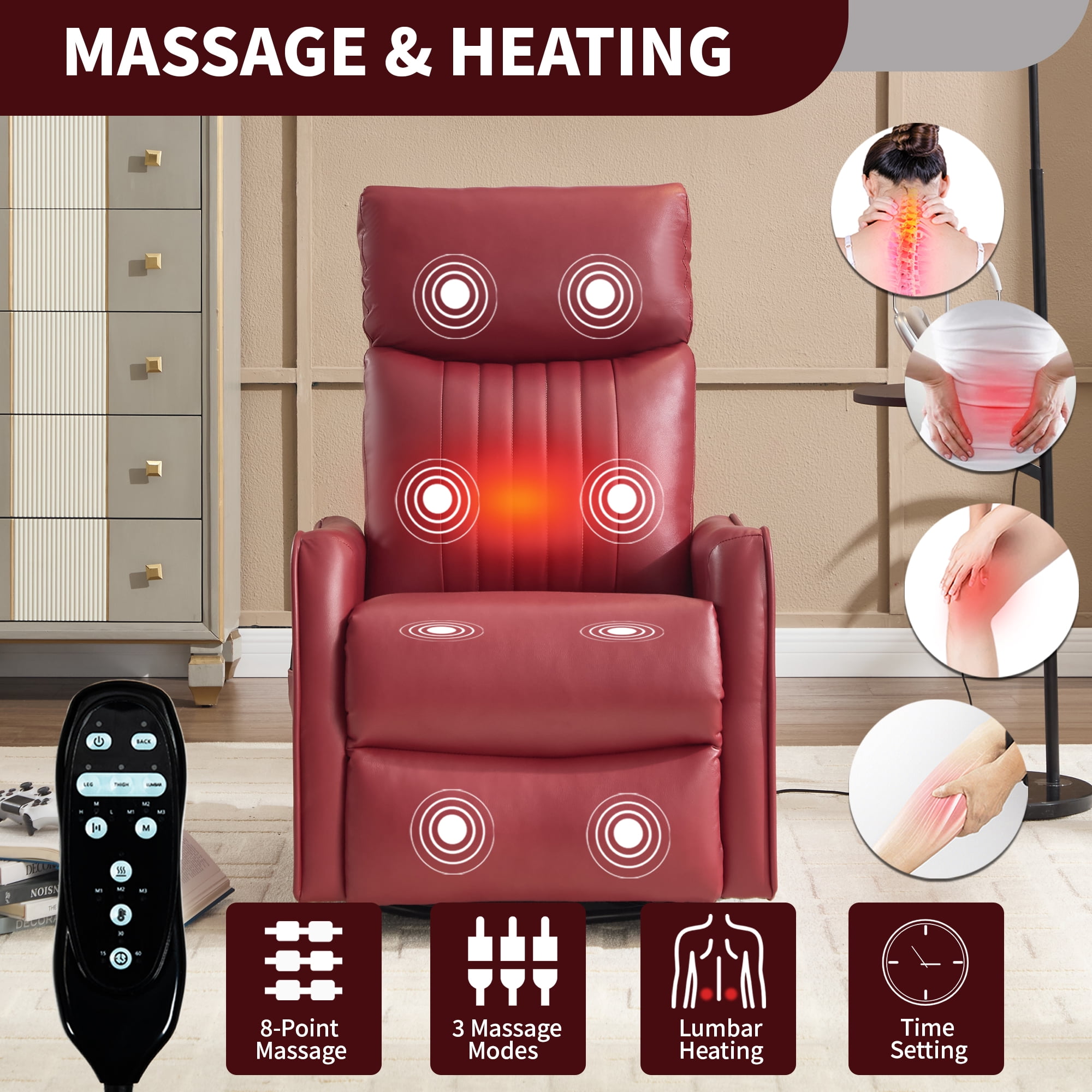 Manual Swivel Rocker Recliner Chair for Adults,Overstuffed Reclining Glider Chair with Vibration Massage & Heat,Upholstered Recliners with Side Pockets for Living Room,Red PU