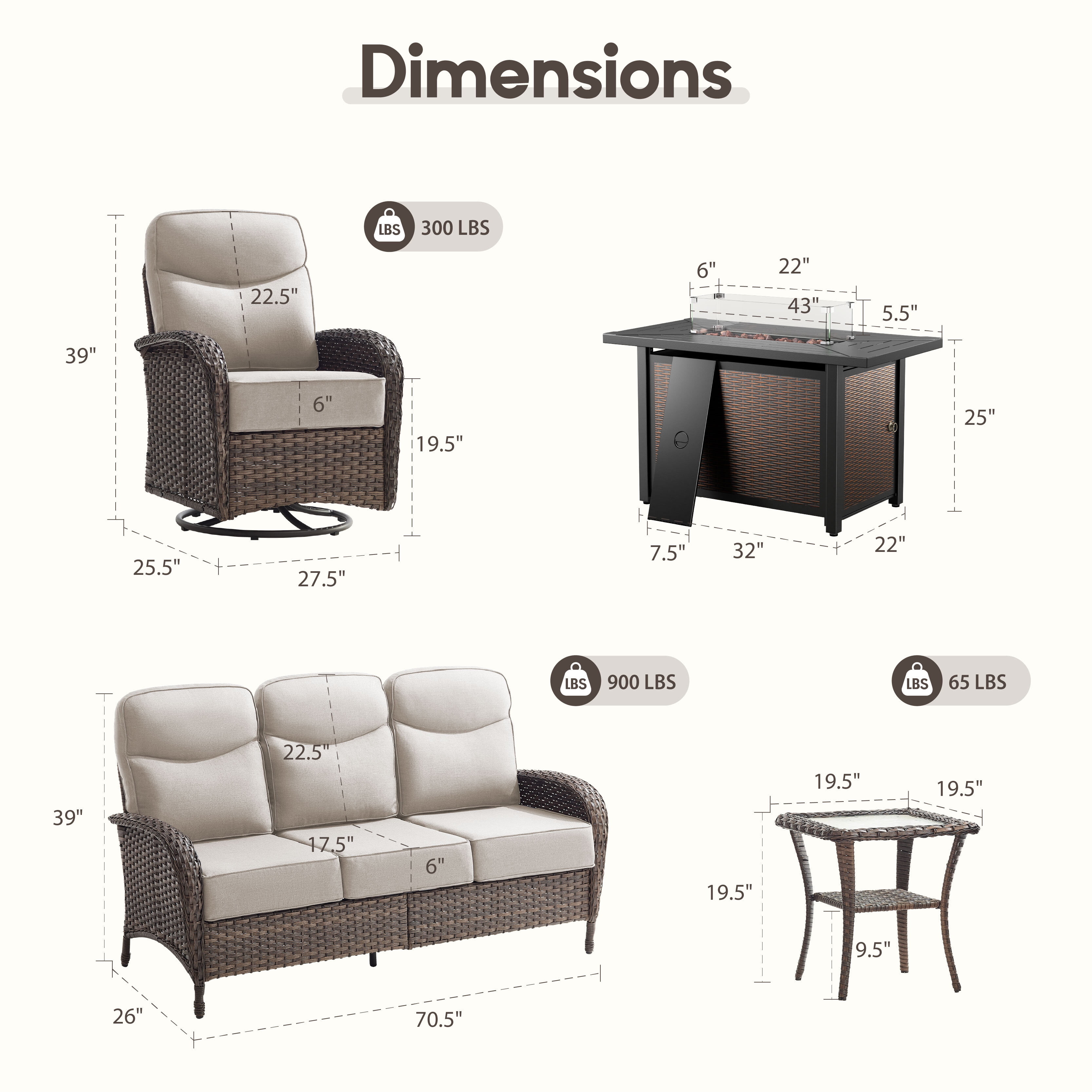Bellefurn Luxury 5-Piece Patio Furniture Set with 43" Fire Pit Table and Swivel Rocker Patio Chairs with 6-inch Thick Cushion,Outdoor Couch,Side Table,Outdoor Conversation Set for Porch,Deck,Yard