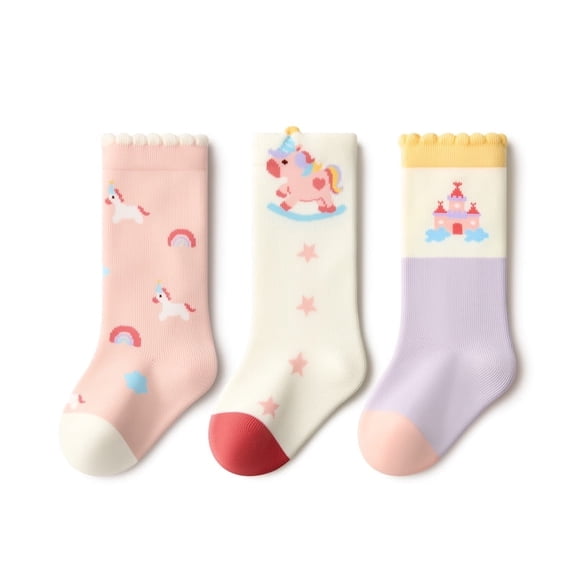 Beibi 3-Pair Pack, Girls' High Socks, All-Season Socks, Unicorn Socks For Girls, Kids Socks, Fits Children Ages 0-6