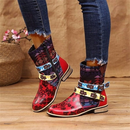 

YOTAMI Womens Shoes Large Size Boots With Belt Decoration And Color Matching Pointed Boots Workwear Red 9