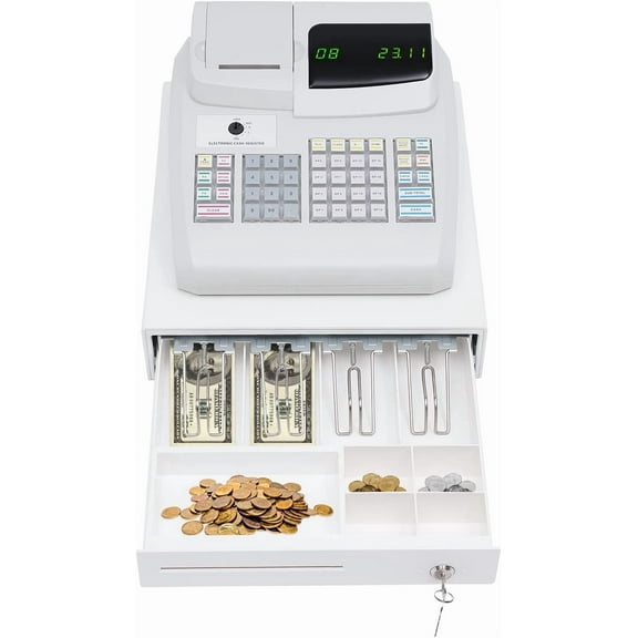 47 Keys Cash Register for Small Businesses, Electronic Cash Register w/Drawer, Cash Box 6 Digits LED White Cashier Register with Keyboard, Multifunction Pos System Casher Register for Market